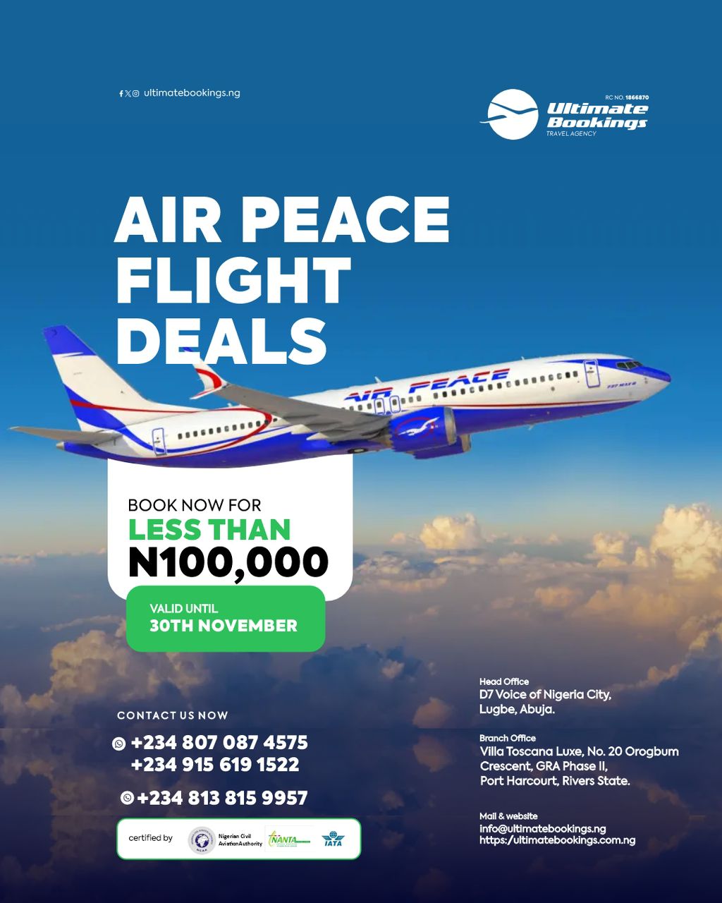 Air peace flight deals less than 100k